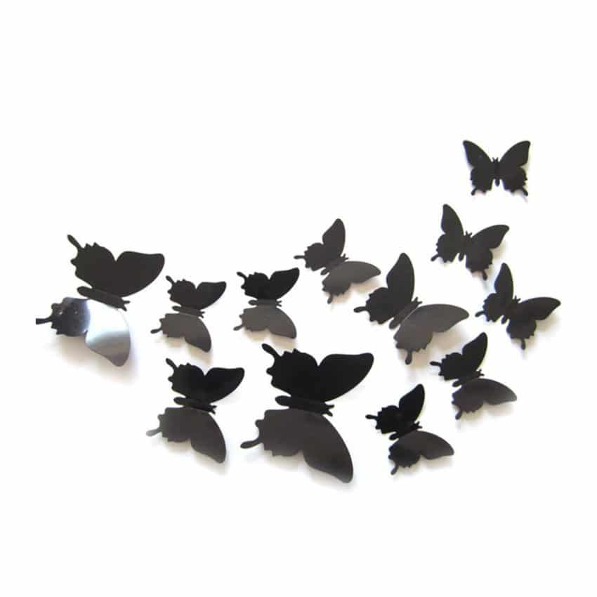 Väggdekoration 12-pack svarta fjärilar 3d väggdekal väggdekor