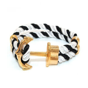 Handgjort armband rep med ankare i metall svart/vit/guld