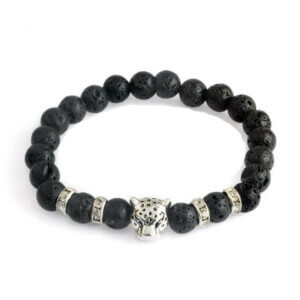 Handgjort armband silver leopard svarta lavastenar