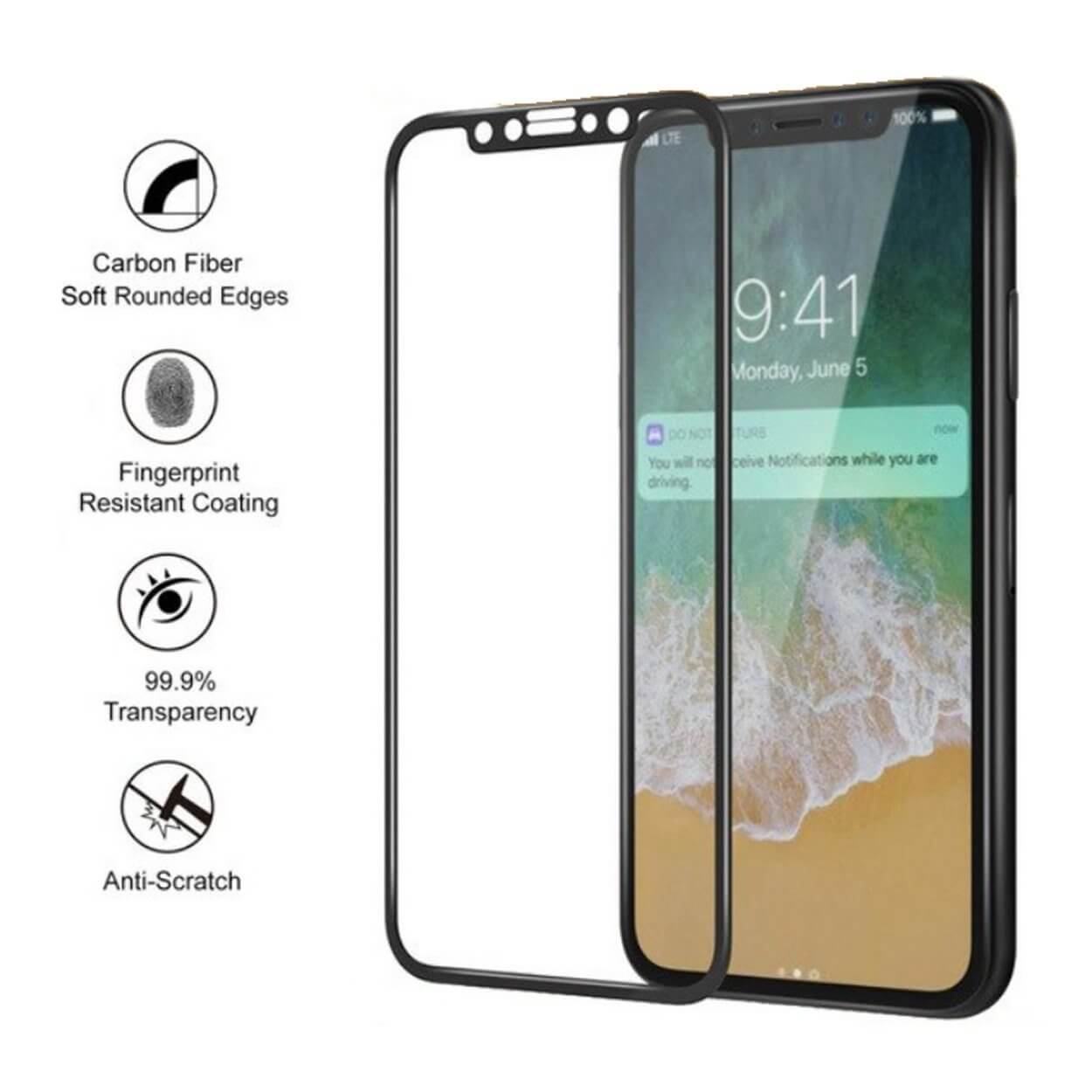Iphone x hd skärmskydd kolfiber härdat glas svart