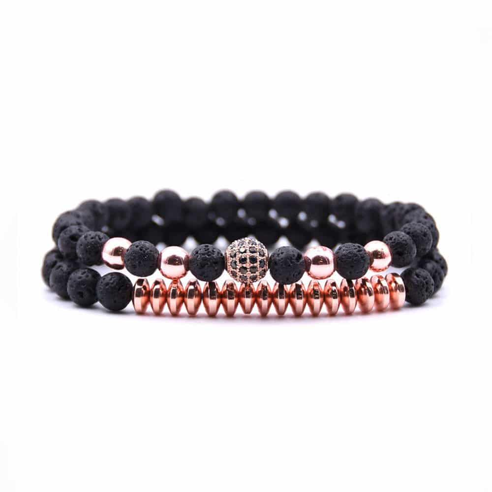 Handgjort armband set svart lavasten roseguld