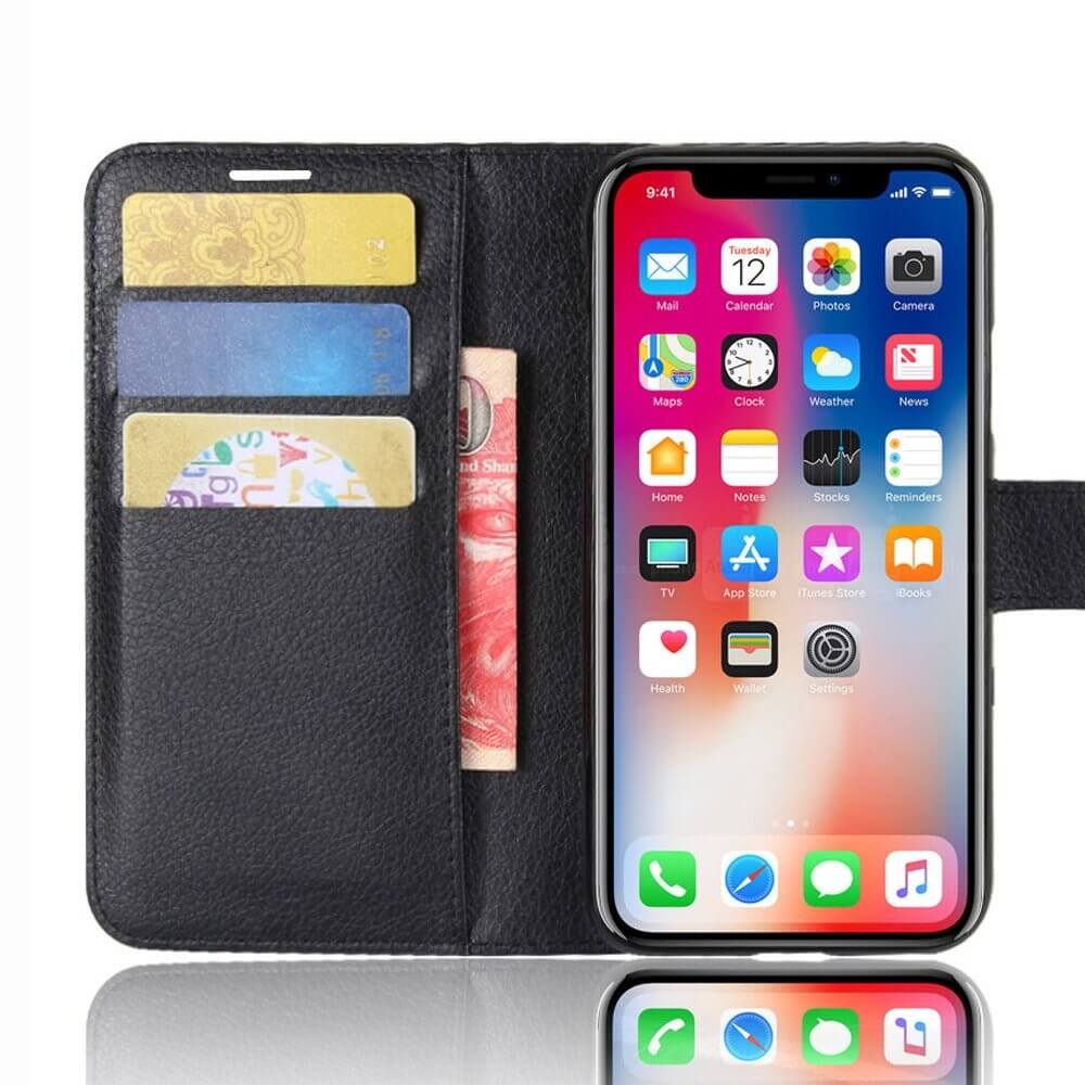 Iphone xs plånboksfodral svart läder skinn fodral