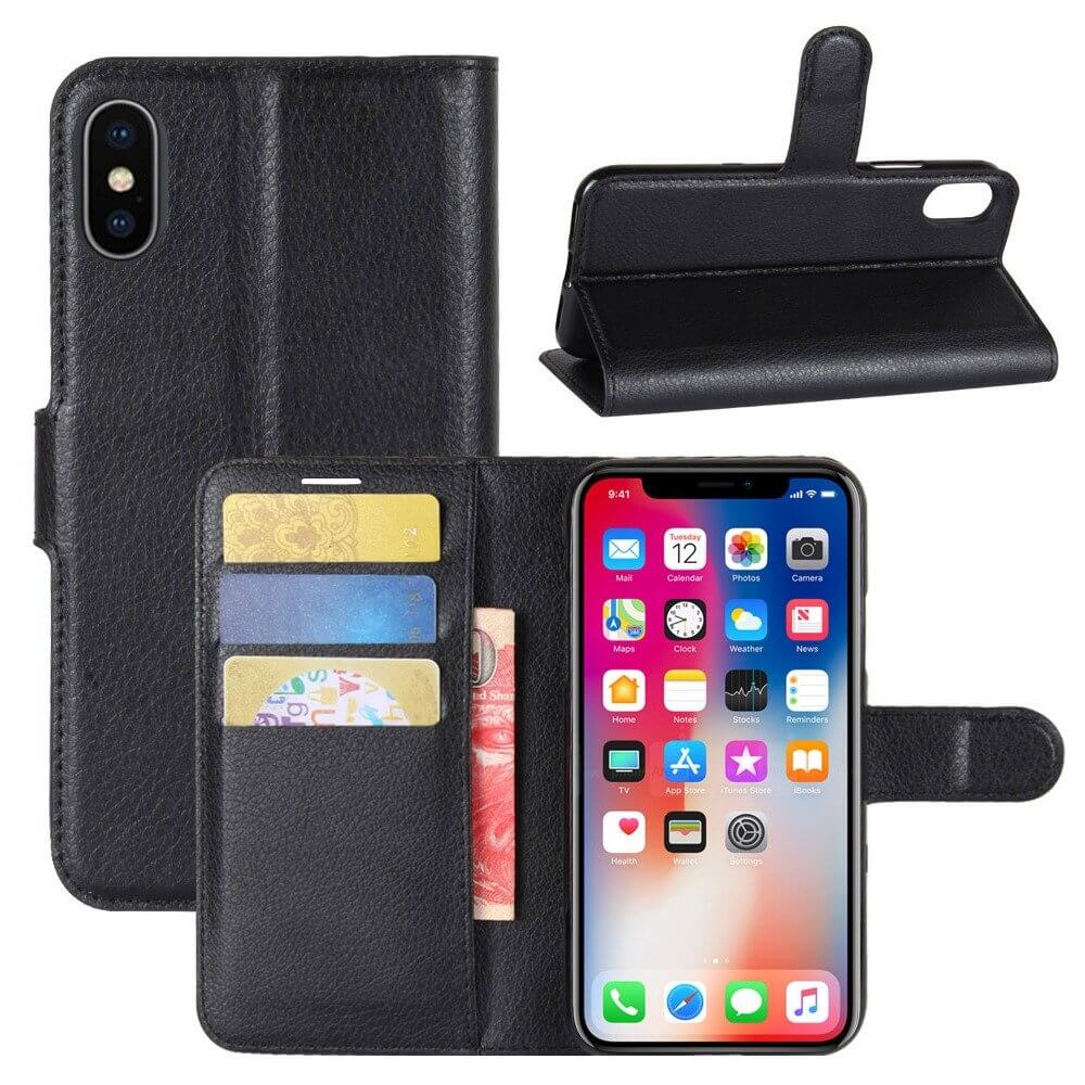 Iphone x plånboksfodral svart läder skinn fodral