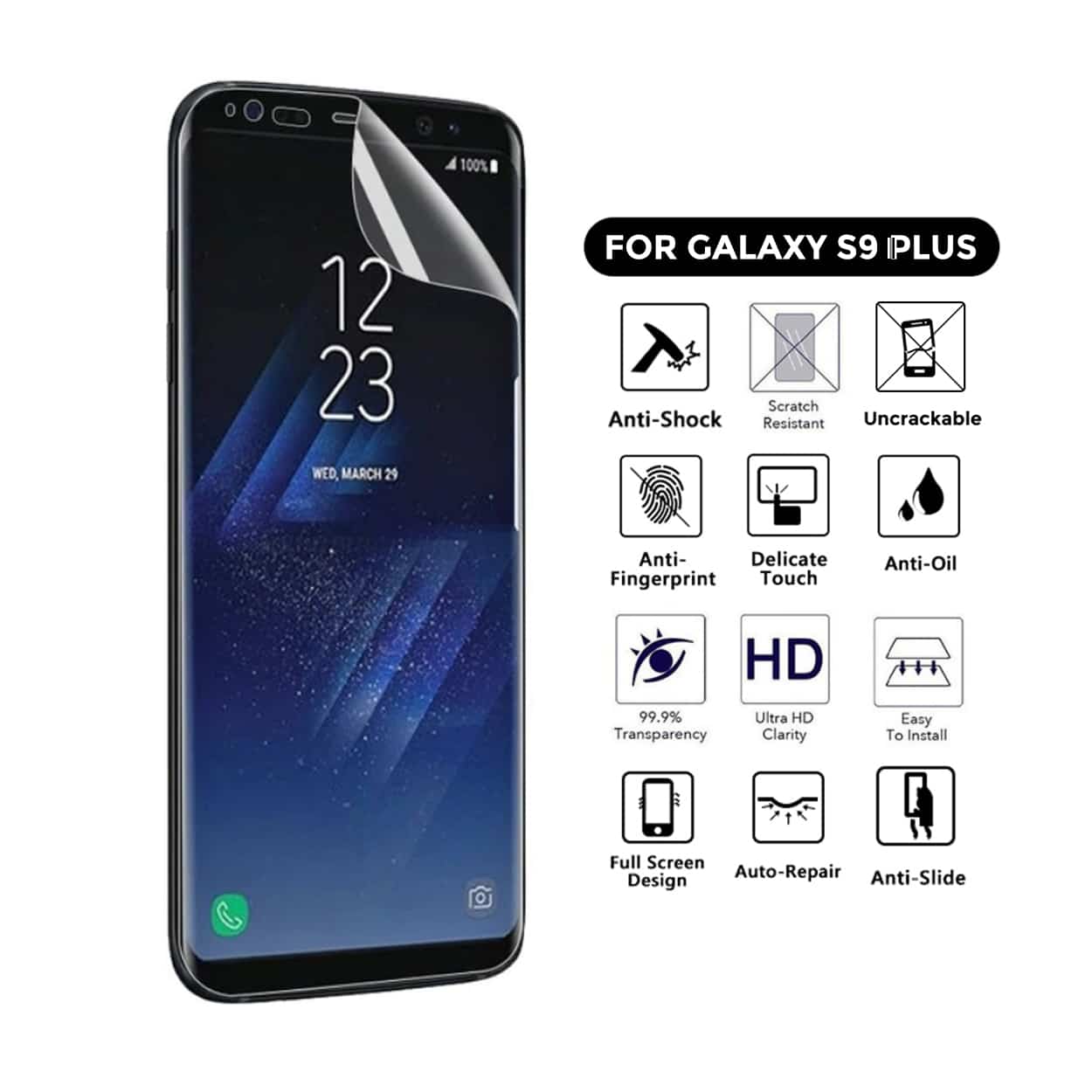 Heltäckande galaxy s9 plus skärmskydd nanoedge skyddsplast