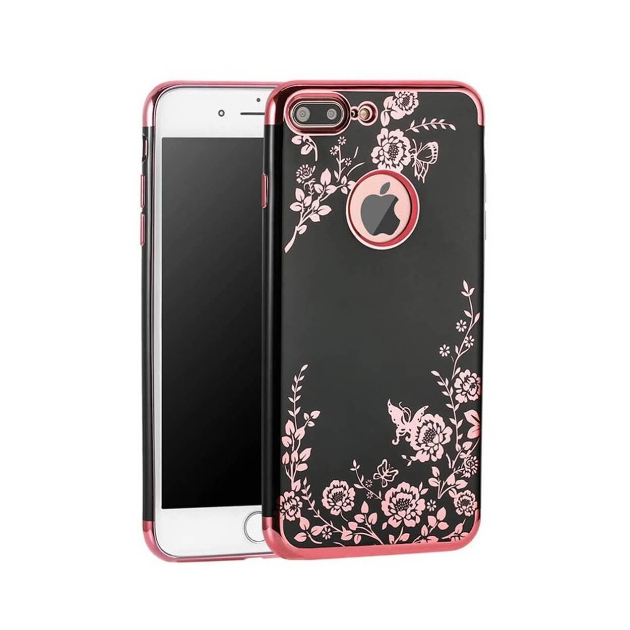 Iphone 7 8 plus svart mobilskal blommor rosa rose gold