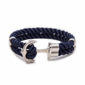 Handgjort Läderarmband Mörkblått Rep Ankare I Silver