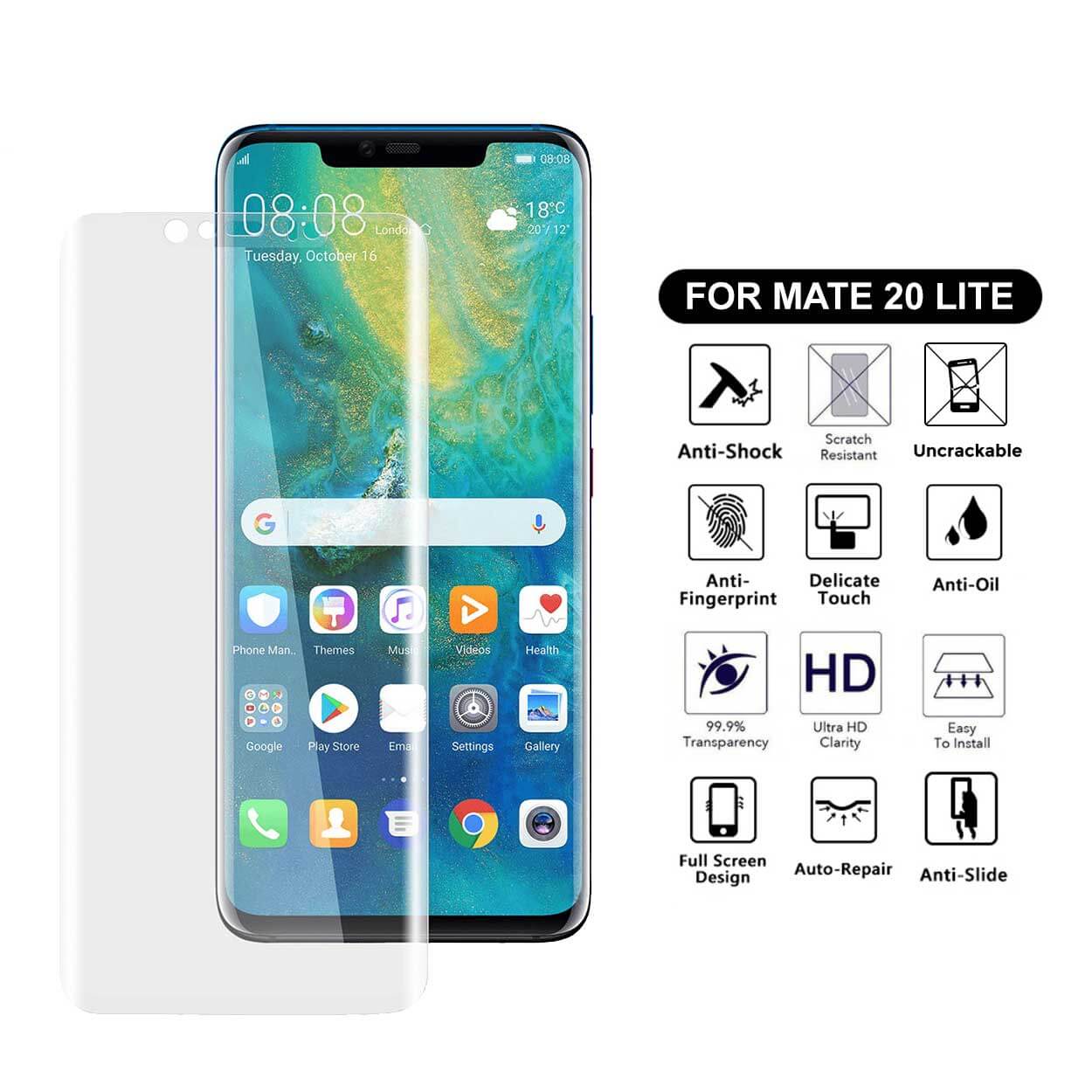 Heltäckande huawei mate 20 lite skärmskydd nanoedge skyddsplast