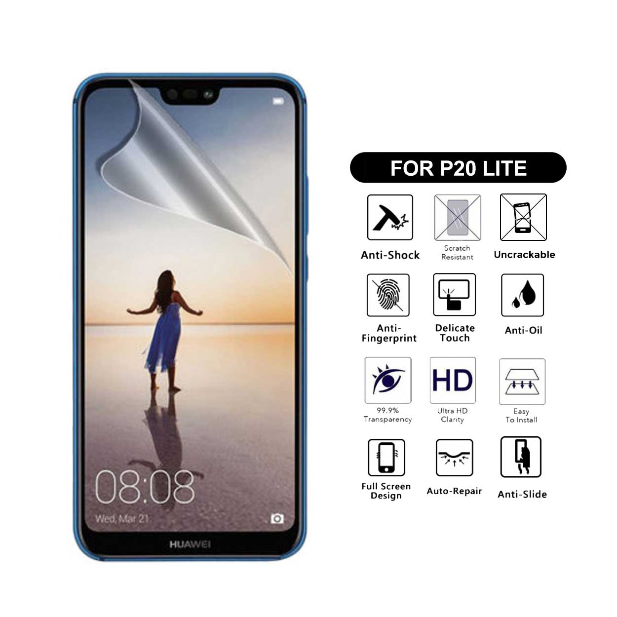 Heltäckande huawei p20 lite skärmskydd nanoedge skyddsplast