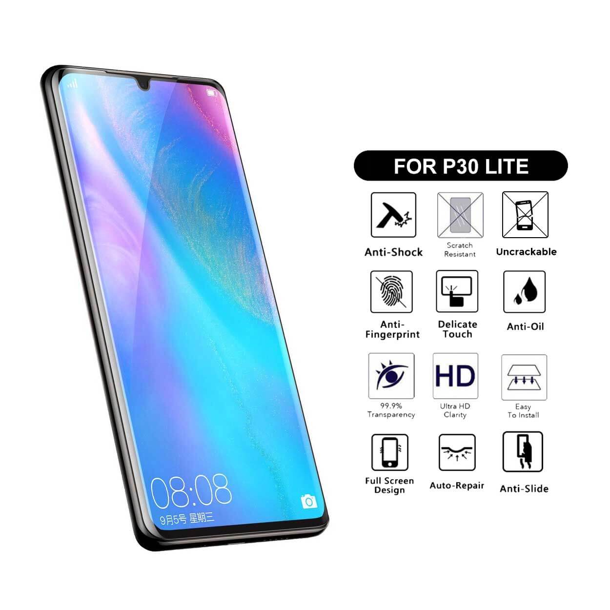 Heltäckande huawei p30 lite skärmskydd nanoedge skyddsplast