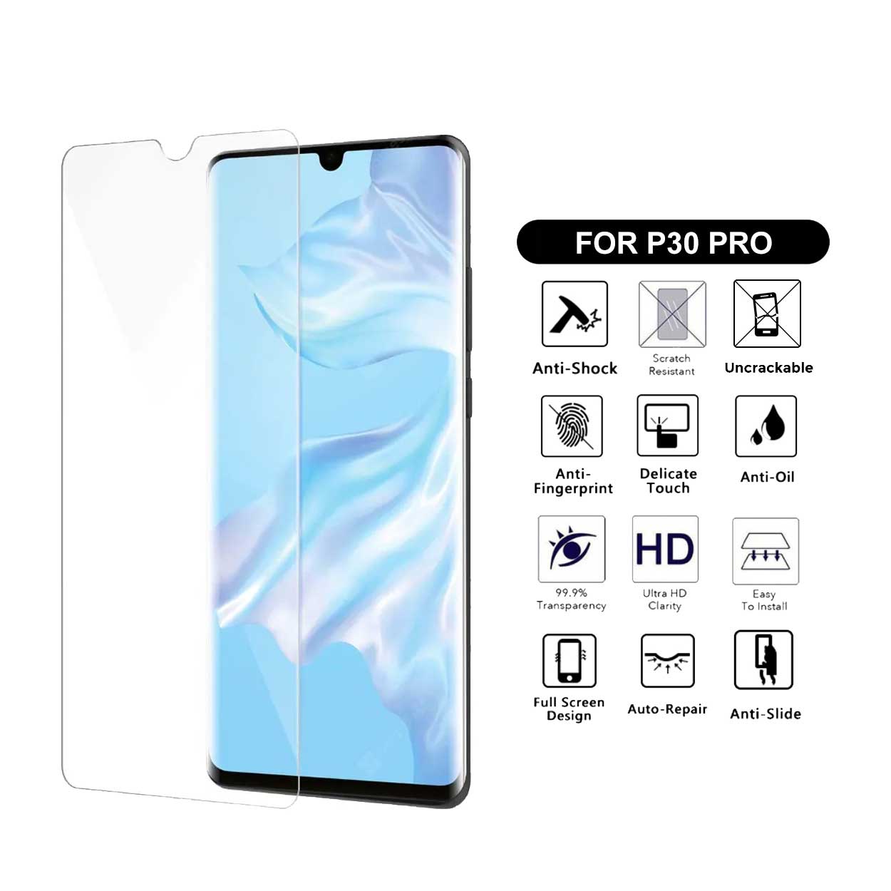 Heltäckande huawei p30 pro skärmskydd nanoedge skyddsplast