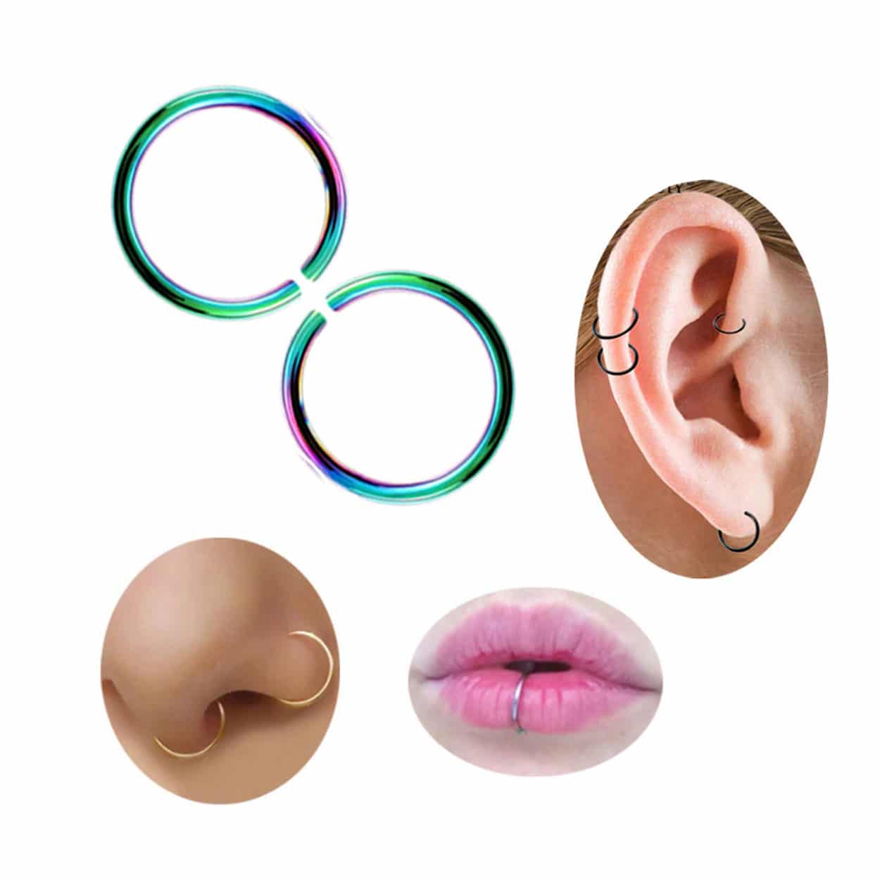 2-pack regnbåge fake piercing öron läpp näsring septum läppring