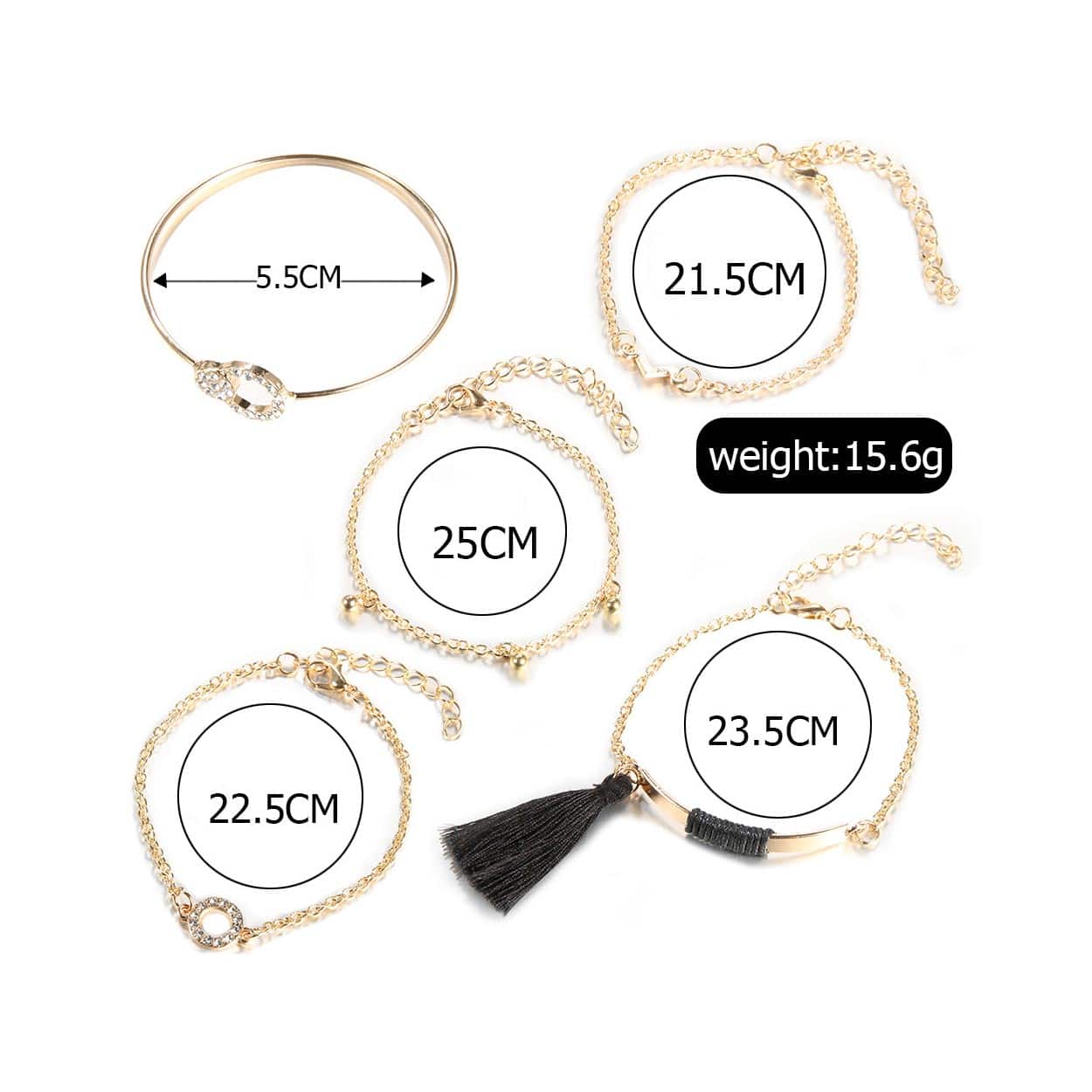 5-pack vackra trendiga armband guld bohem kedja tassel