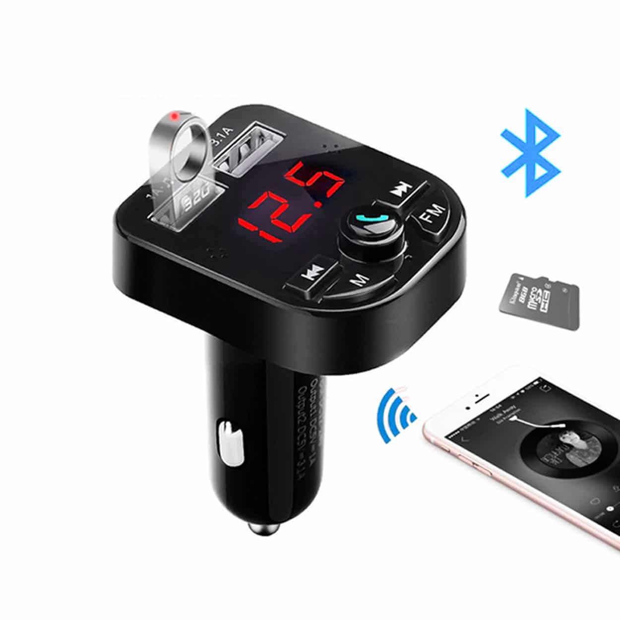 Billaddare dubbel usb med bluetooth fm-sändare snabbladdare