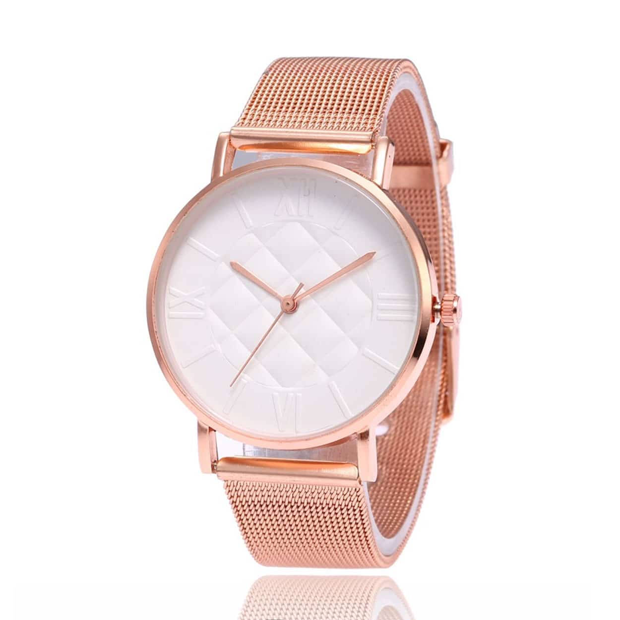 Elegant roséguld klocka med mesh armband guld metall