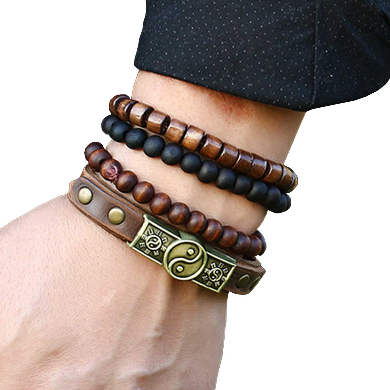 4-pack handgjorda läderarmband herrarmband träkulor sten