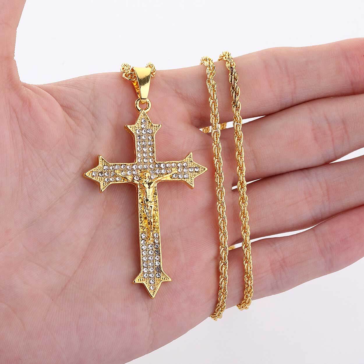 Guldigt jesus på kors långt halsband kedja guld bling