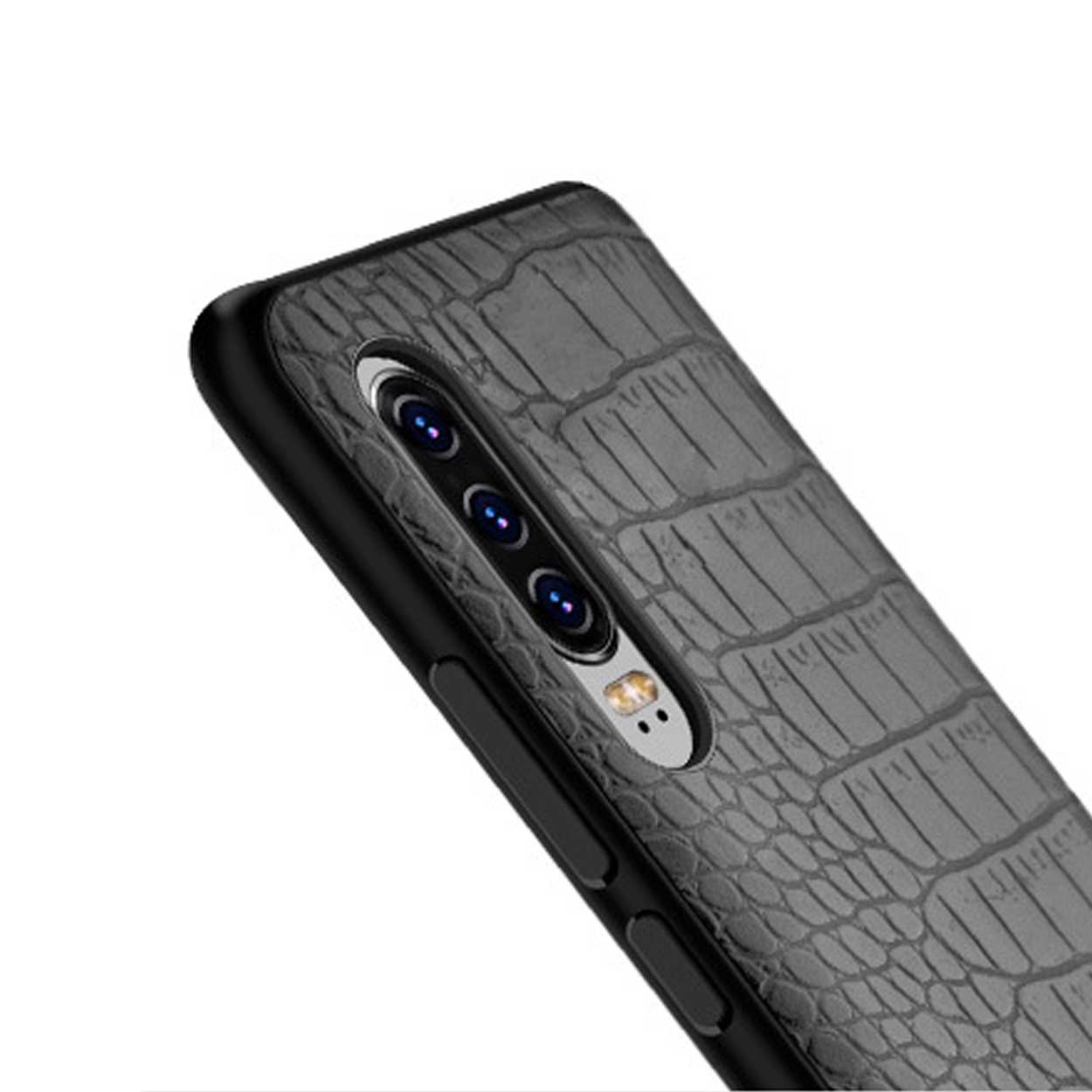 Huawei p30 mobilskal svart läder skinn krokodil skal