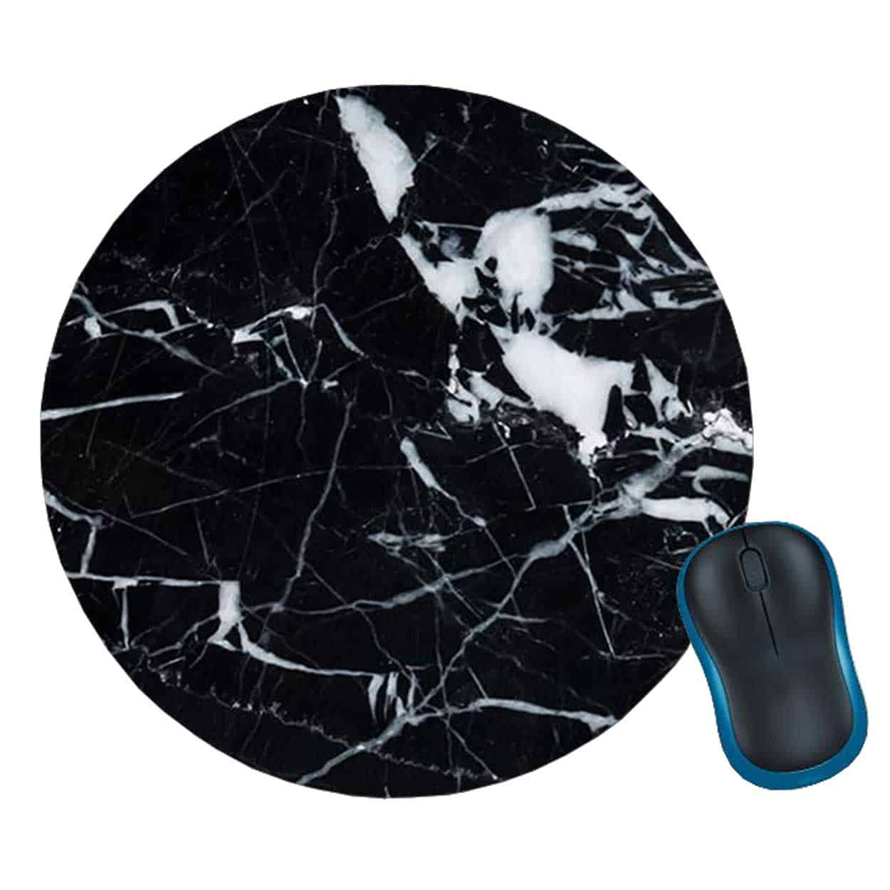 Mjuk rund musmatta med tryck svart marmor 20cm