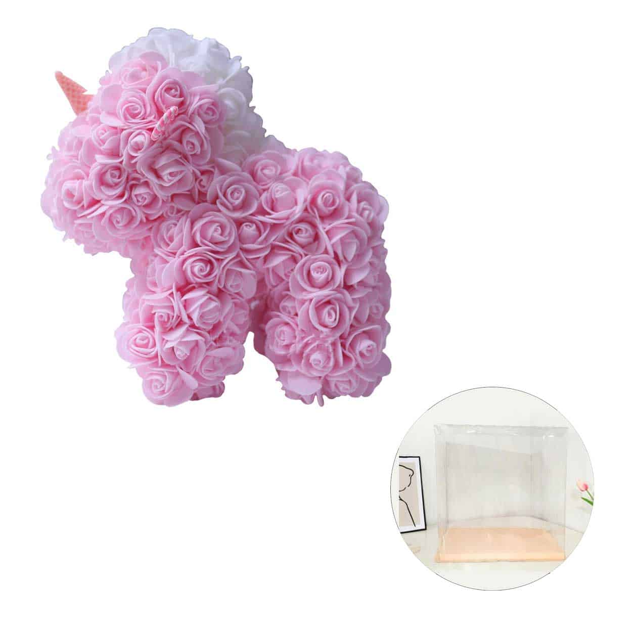 25cm enhörning av rosor i presentförpackning - rosa