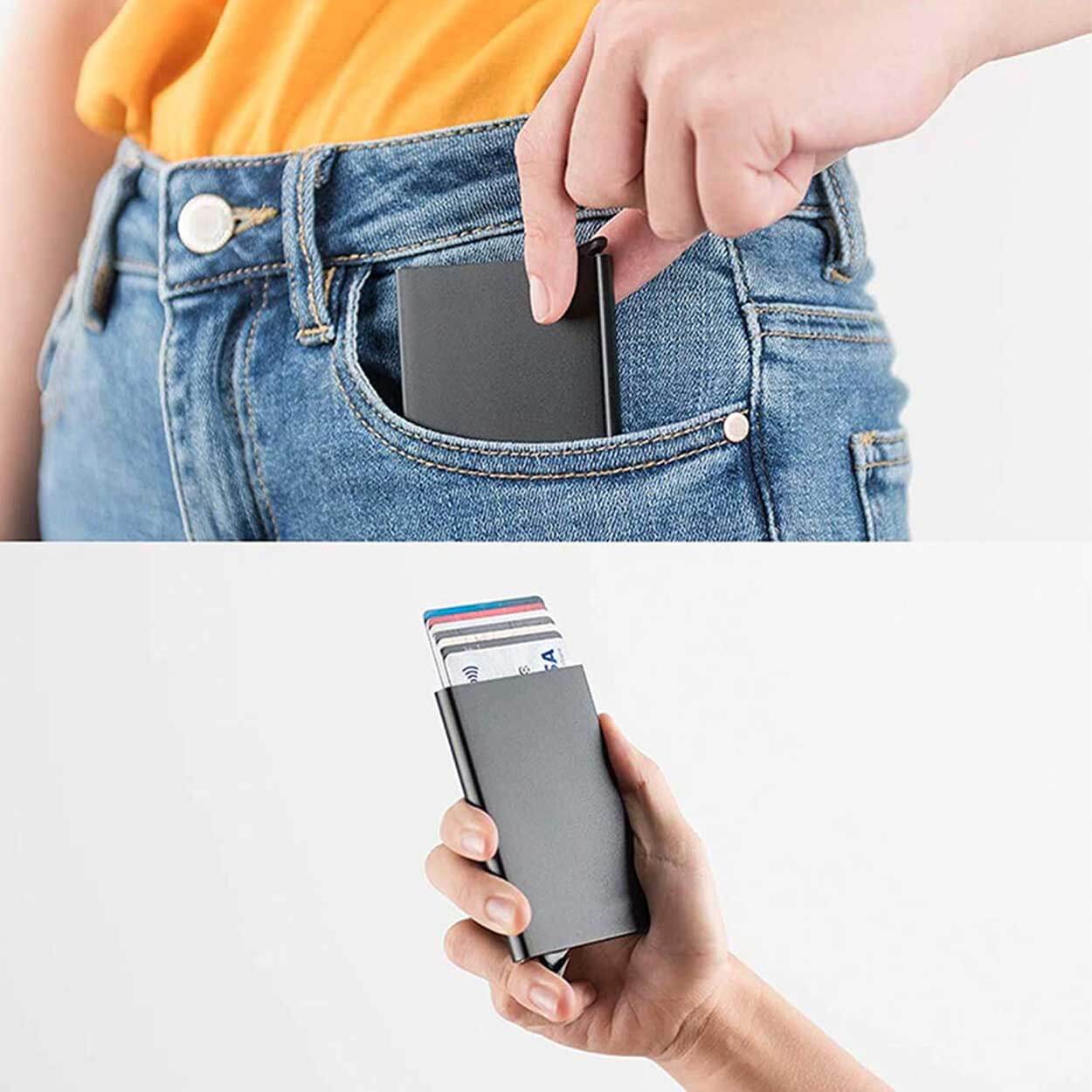 Metall pop-up korthållare med rfid skydd svart