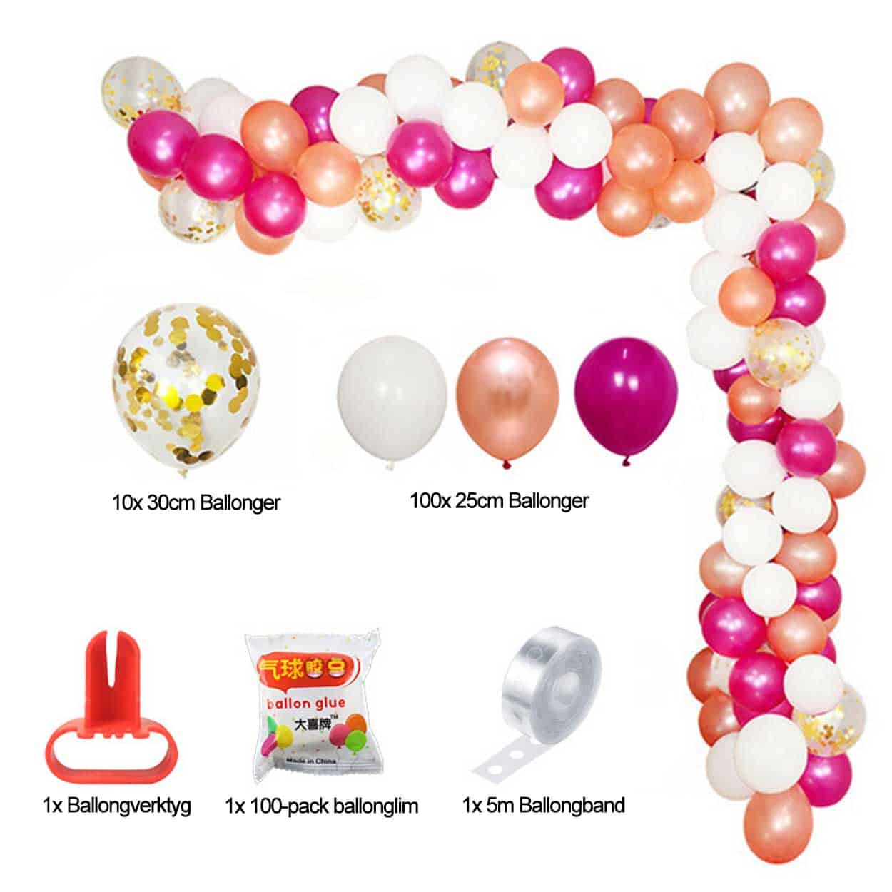 Ballongbåge roséguld konfetti - komplett ballonggirlang 5m