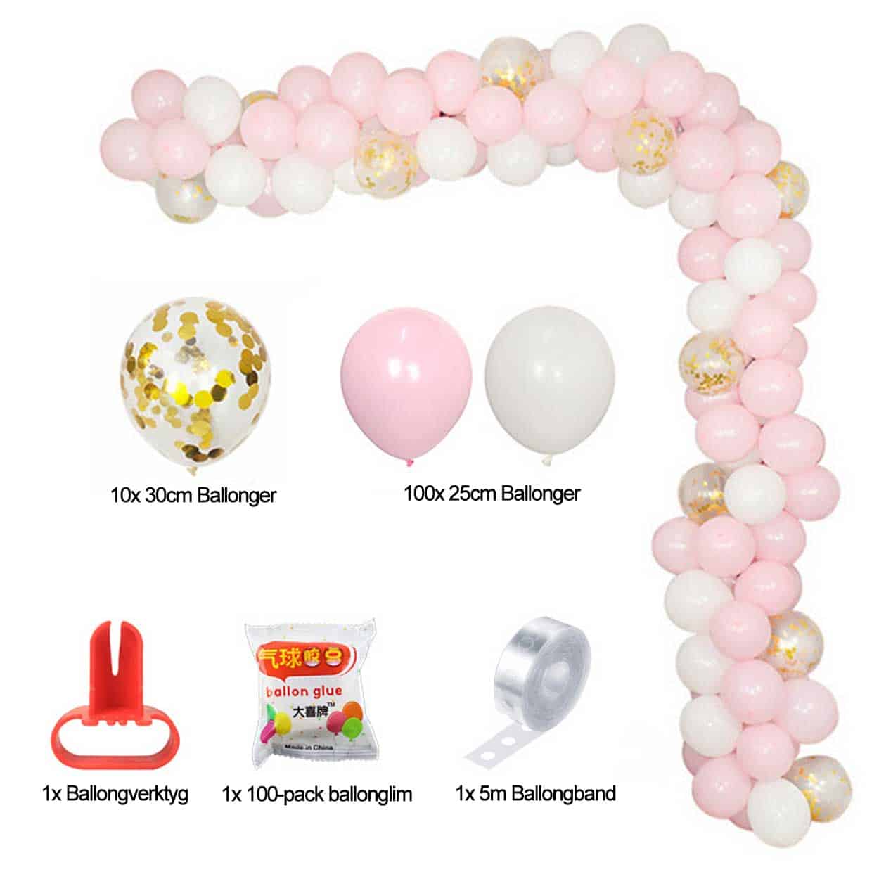 Ballongbåge ljus rosa vit - komplett ballonggirlang 5m