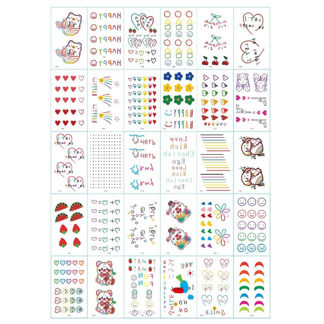 30-pack temporära fake tatueringar gnuggisar färg
