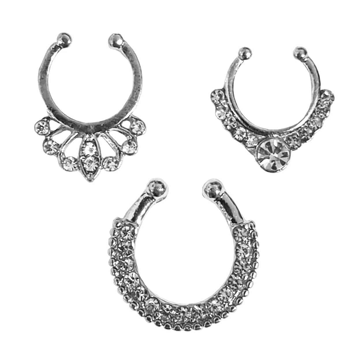 Fake septum näsring 3-pack fakepiercing silver kristall