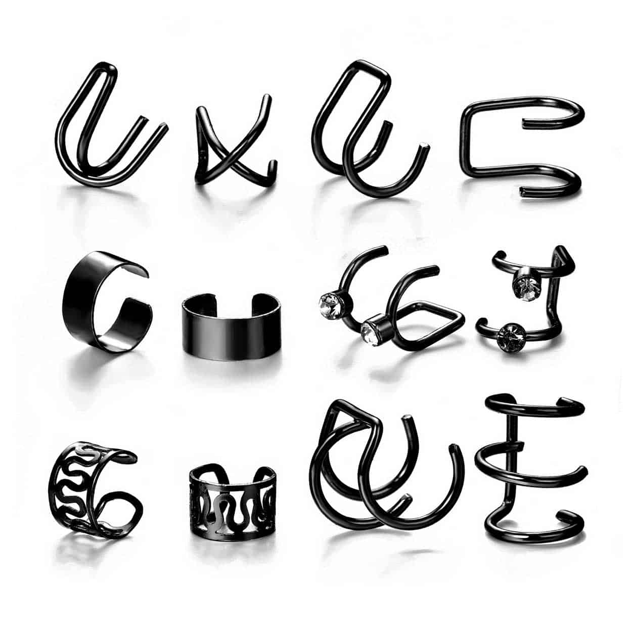 Fake helix piercing 12-pack örhänge ear cuff utan hål svart