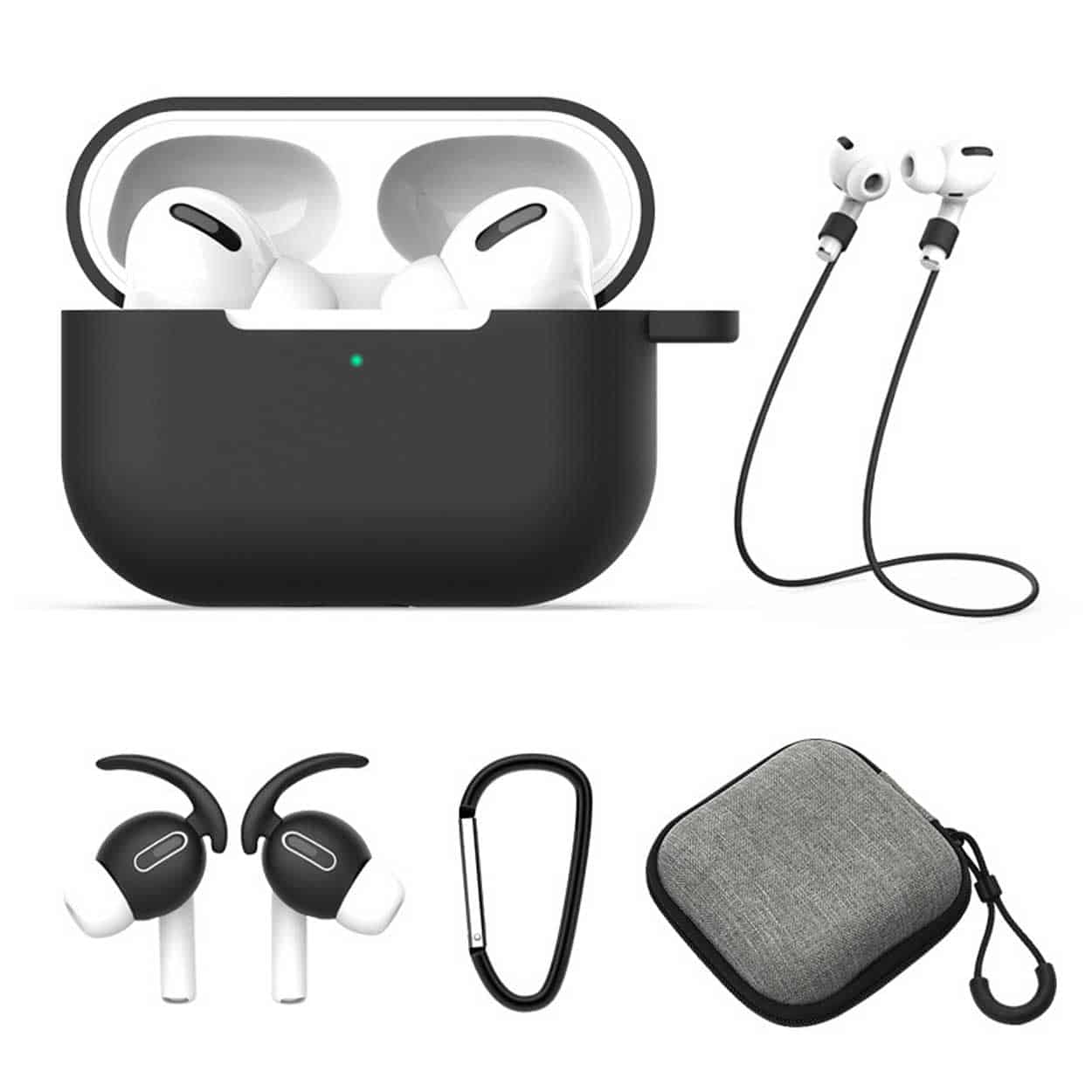 Airpods pro fodral halsrem earhooks väska 5-i-1 svart