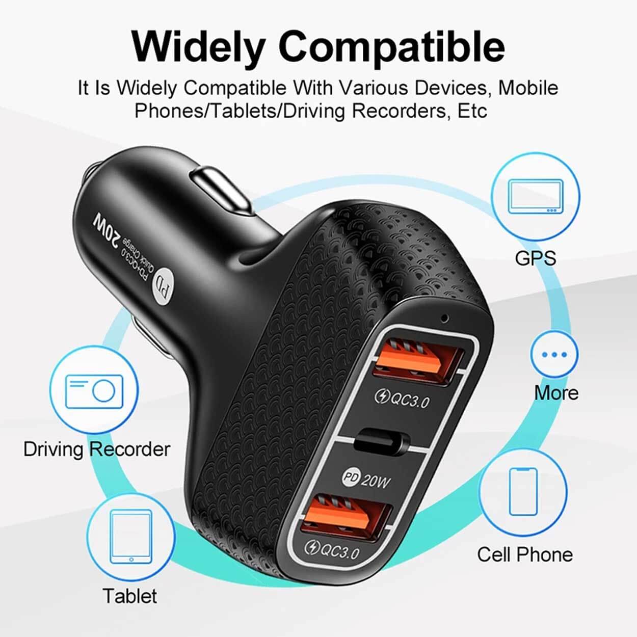 Billaddare 3 usb supersnabb 20w pd quick charge 3. 0