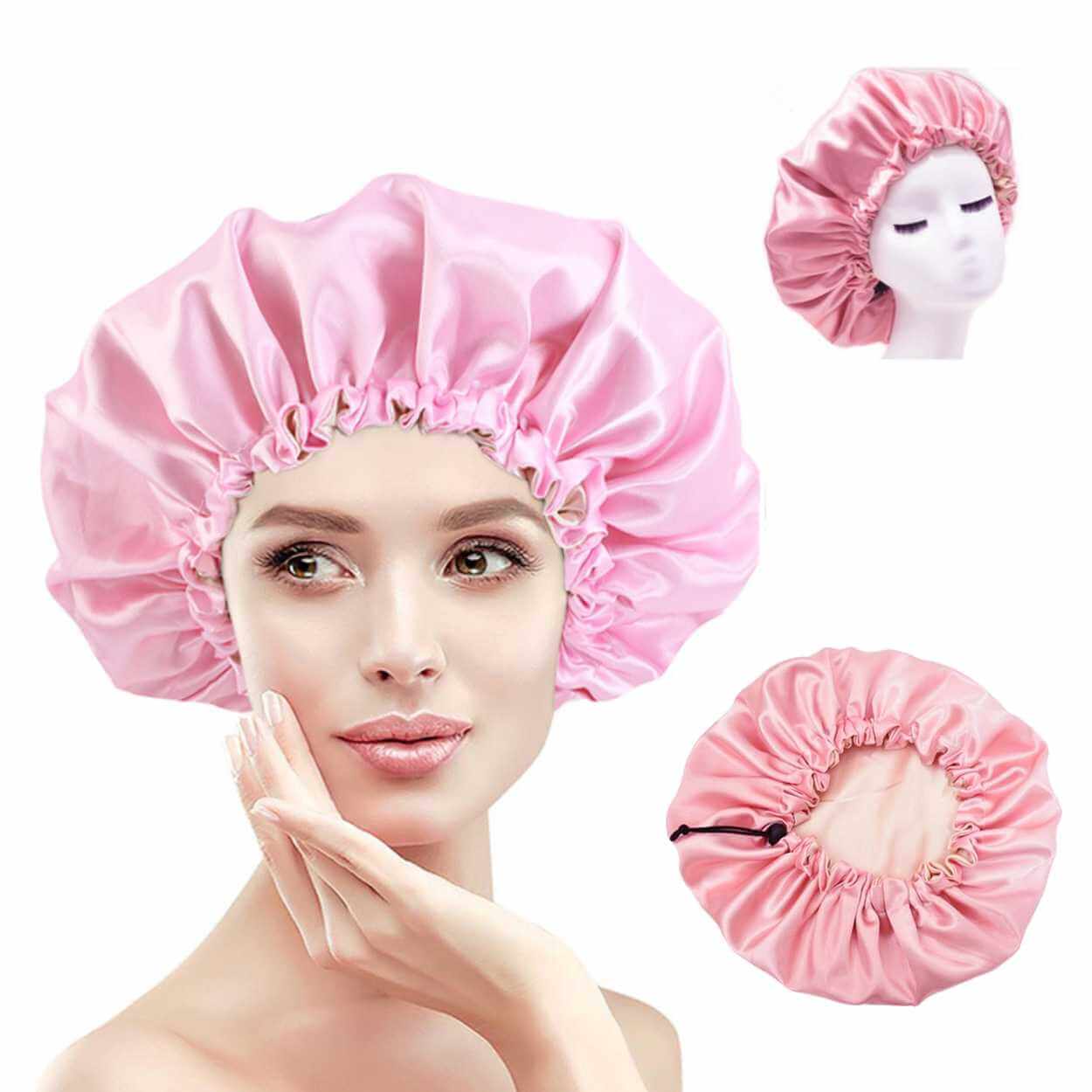 Sovmössa - satin hårvårdsmössa bonnet - justerbar sleep cap rosa
