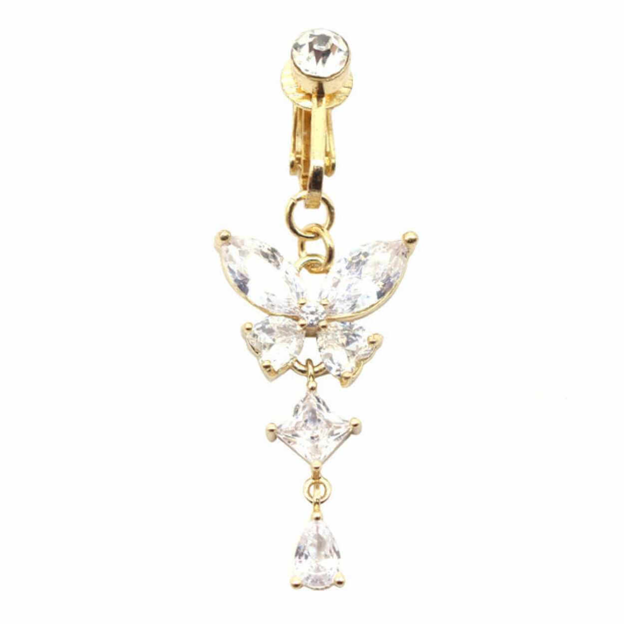 Fake navelpiercing clip-on navelring utan hål fjäril kristall guld