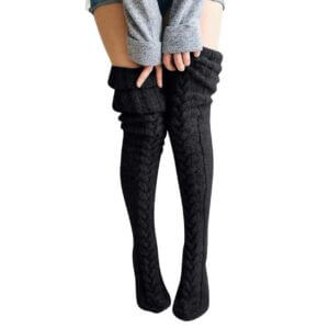 Varma Stickade Knästrumpor Höga Strumpor Thigh High Svart