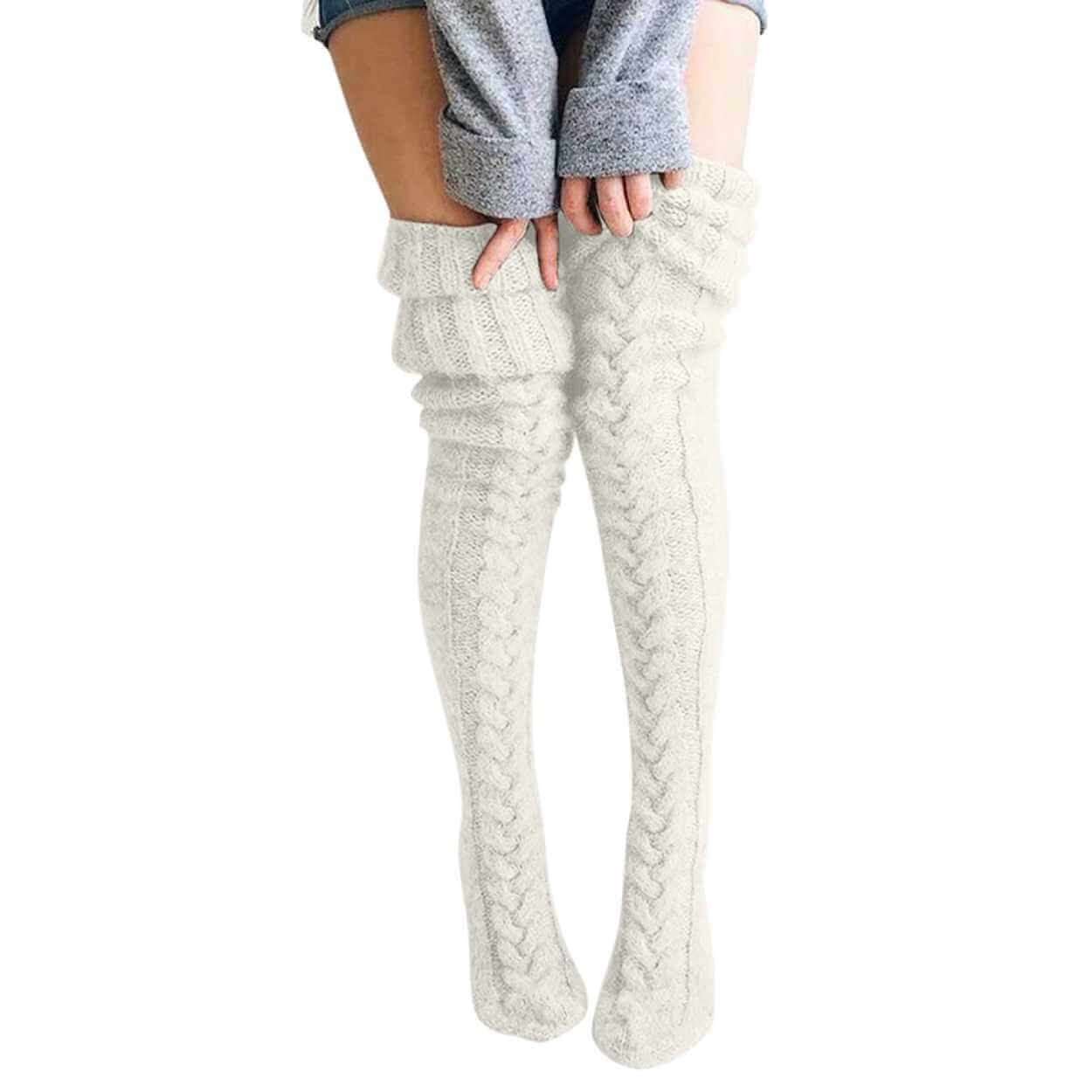 Varma stickade knästrumpor höga strumpor thigh high vit