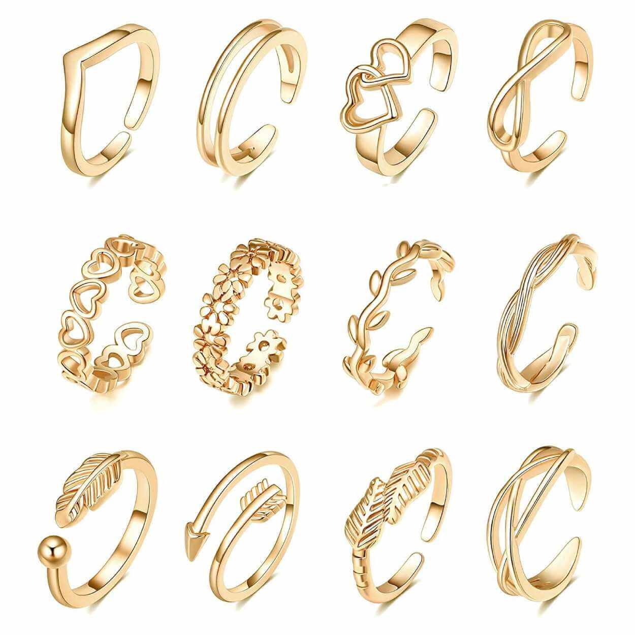 12-pack tåringar ringar justerbar storlek - guld