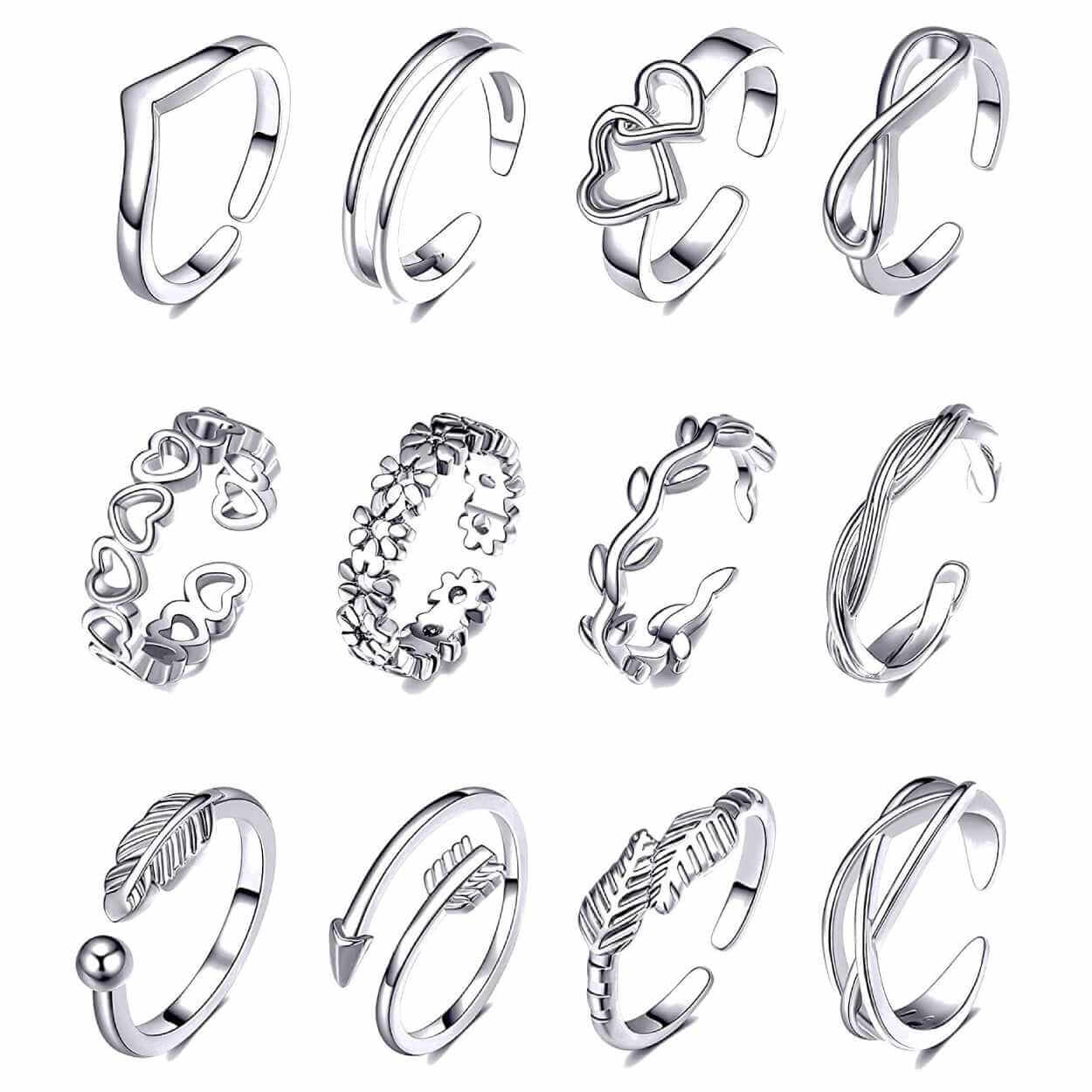 12-pack tåringar ringar justerbar storlek - silver