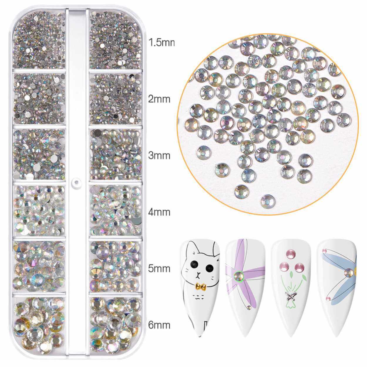Rhinestone nageldekorationer kristall - olika storlekar i ask