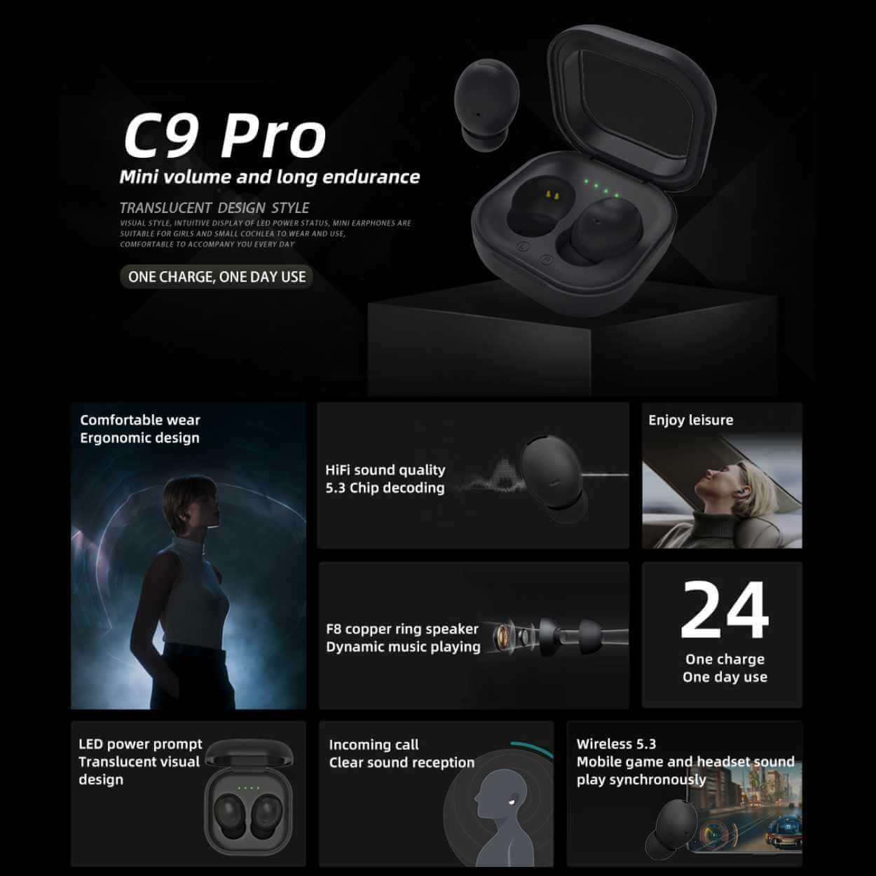 C9 pro trådlösa bluetooth hörlurar tws 5. 3 vit