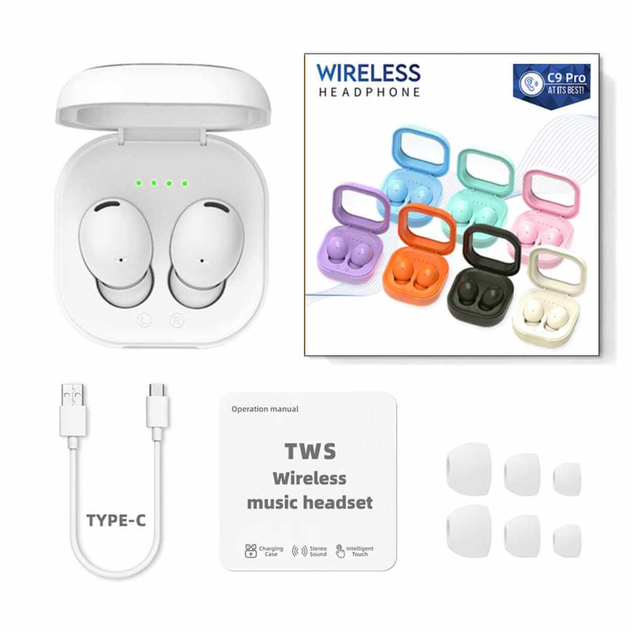 C9 pro trådlösa bluetooth hörlurar tws 5. 3 vit
