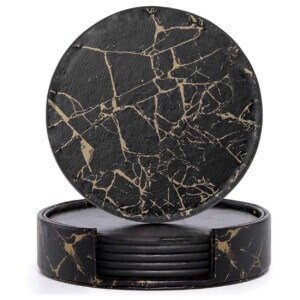 6-Pack Vändbara Glasunderlägg Svart Marmor PU med Hållare