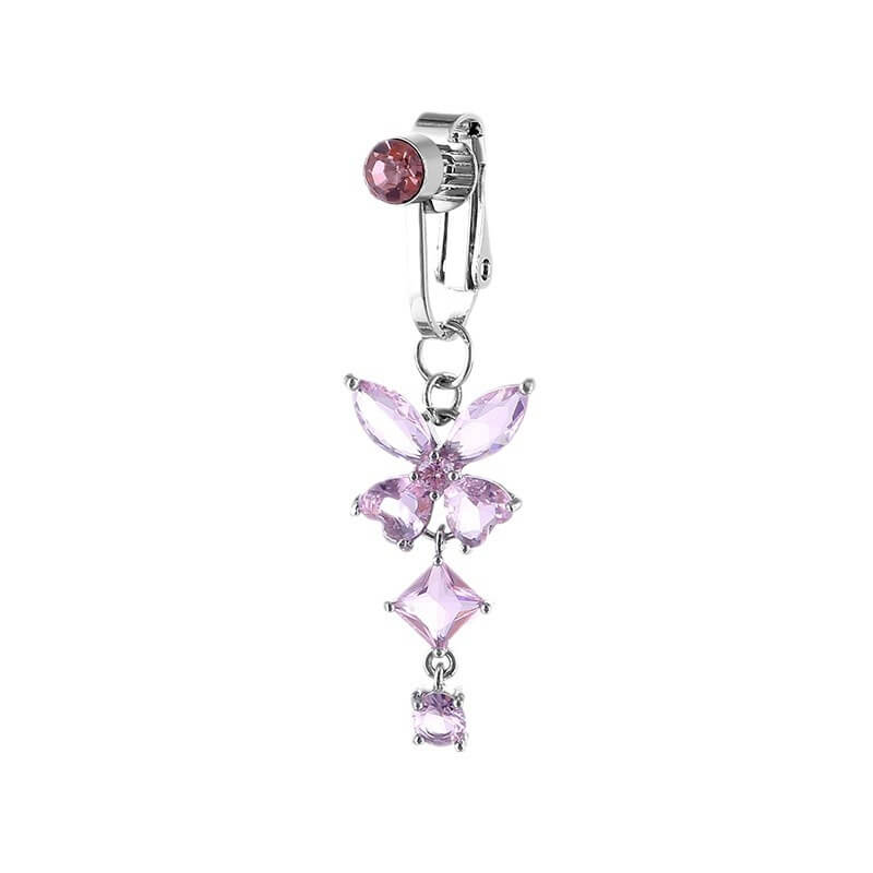Fake navelpiercing clip-on navelring utan hål fjäril kristall rosa