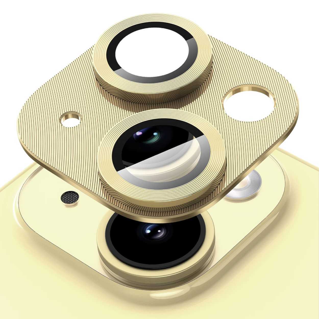 Iphone 15/15 plus kameraskydd metall härdat glas guld