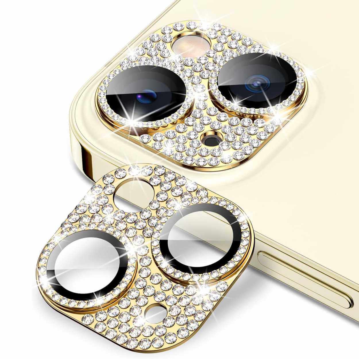 Iphone 15/15 plus kamerabeskytter bling herdet glass gull