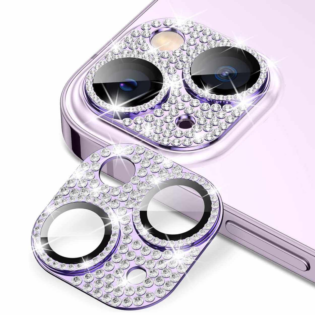 Iphone 14/14 plus kameraskydd härdat glas bling lila