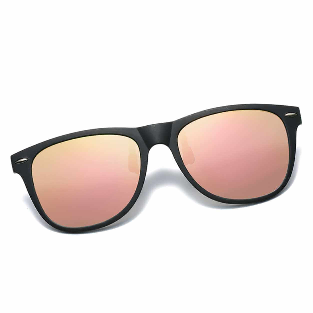 Polariserte wayfarer clip on solbriller flip up rosa speilglass