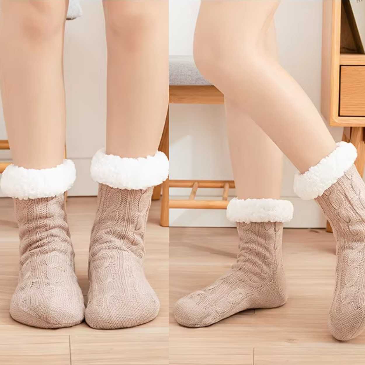 Varme fôrede sokker | strikkede tøfler med sklisikring beige - bilde 4