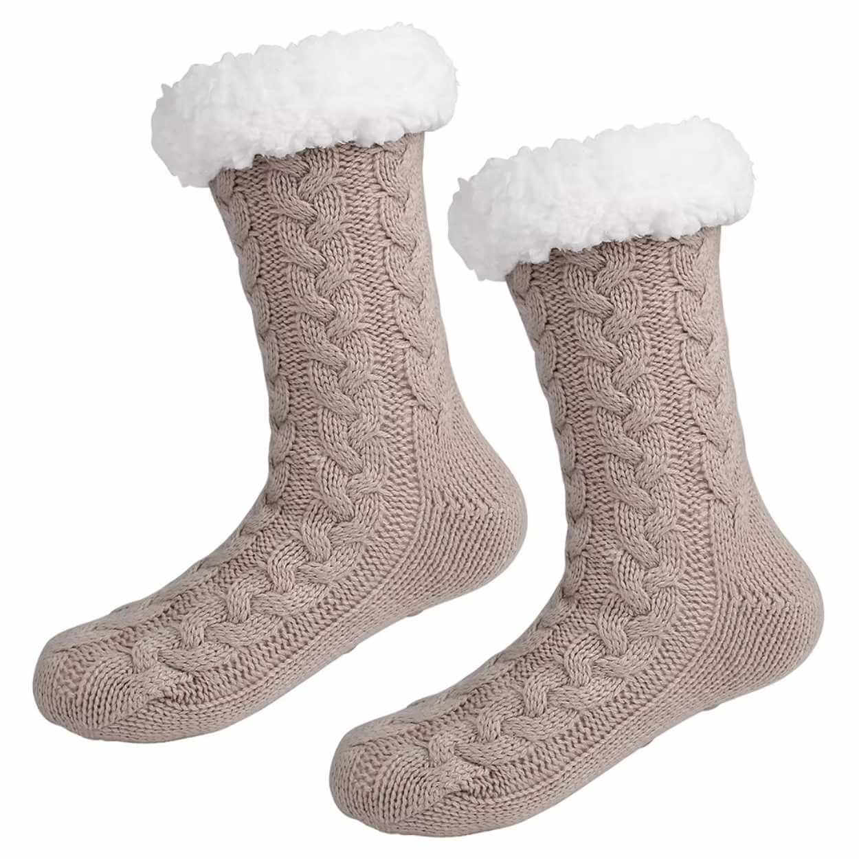 Varme fôrede sokker | strikkede tøfler med sklisikring beige - bilde 3
