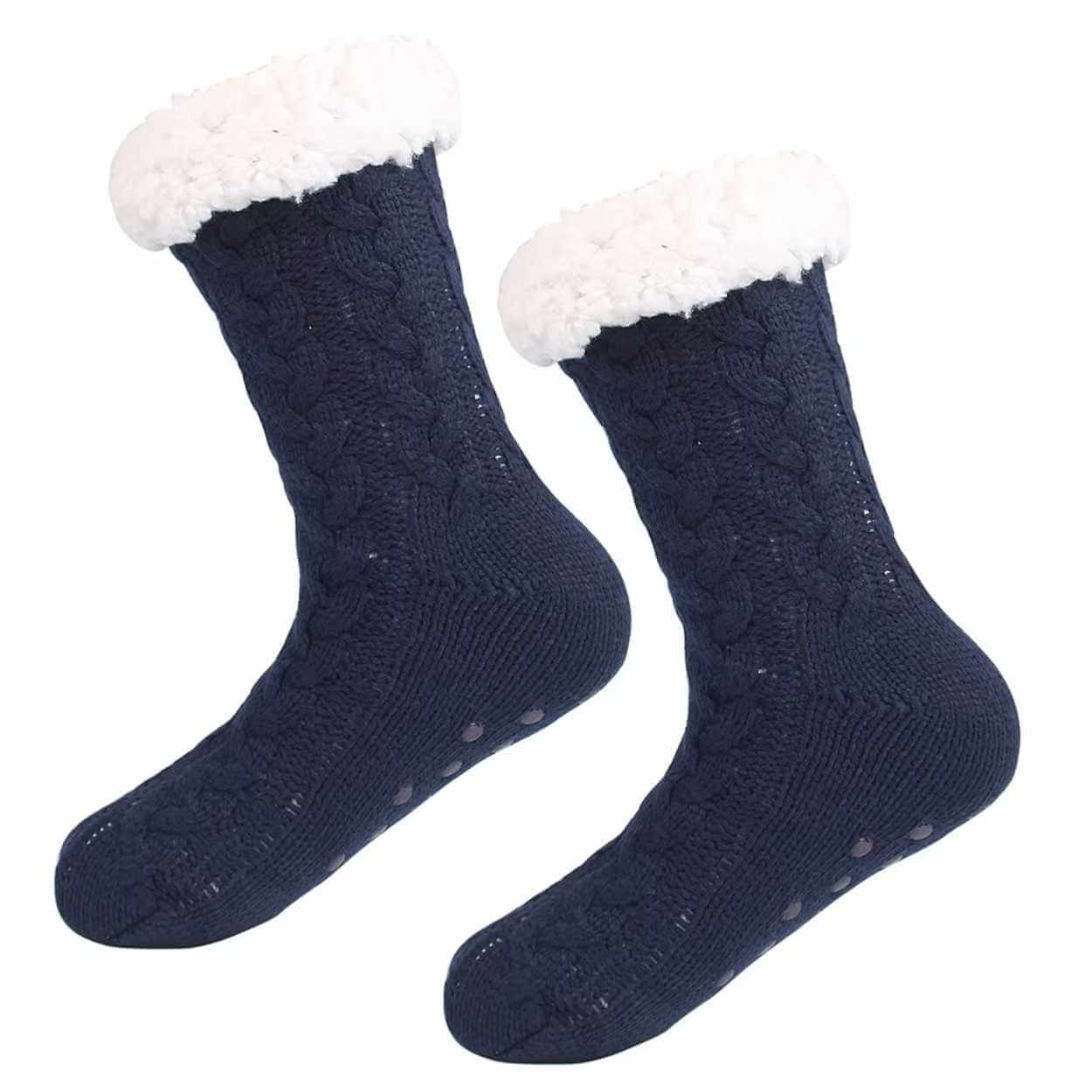 Varma fodrade sockor | stickade tofflor med halkskydd blå - bild 2