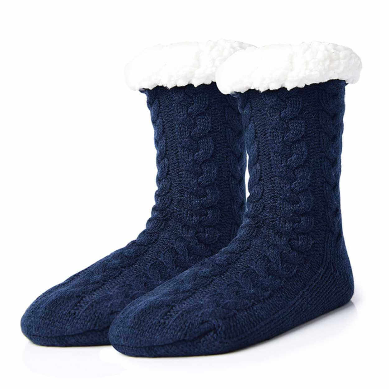 Varma fodrade sockor | stickade tofflor med halkskydd blå